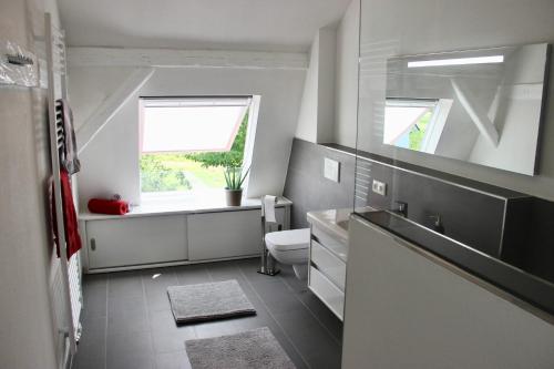 a bathroom with a toilet and a window at Ferienhaus Holy Home in Großenbrode