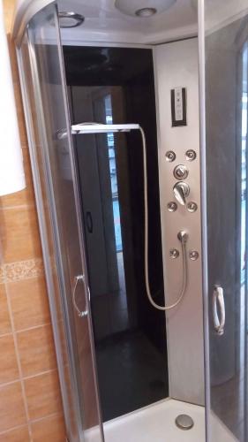 a shower with a glass door in a bathroom at Apartment Balatonbereny 9 in Balatonberény
