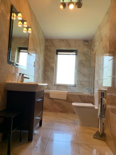 a bathroom with a sink and a tub and a toilet at Rezydencja Tyrawa in Tyrawa Solna