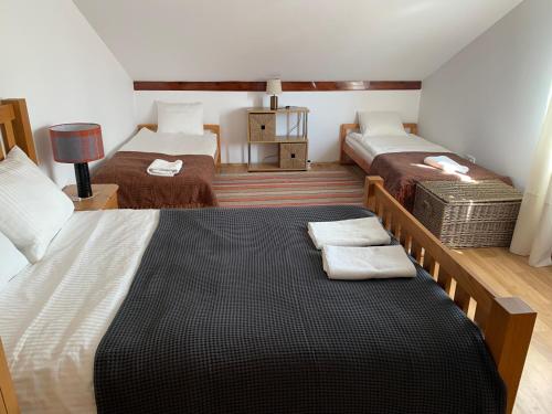 a bedroom with two beds and a table with a lamp at Rezydencja Tyrawa in Tyrawa Solna