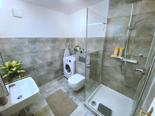 ein Bad mit einer Dusche, einem WC und einem Waschbecken in der Unterkunft Studio-Apartment mit Garten, Parkplatz & Küche in Offenburg