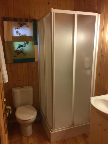 a bathroom with a toilet and a shower and a sink at tranquilidad y en contacto con la naturaleza in Barahona