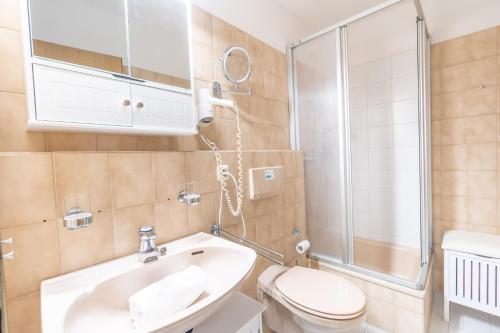 a bathroom with a toilet and a sink and a shower at Iseler in Bad Hindelang