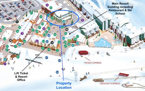- une carte du bâtiment principal du complexe incluant le restaurant et l'école de ski dans l'établissement Stunning Top Floor 5 Bedroom Park City Base Steps to Everything Sleeps up to 18!, à Park City