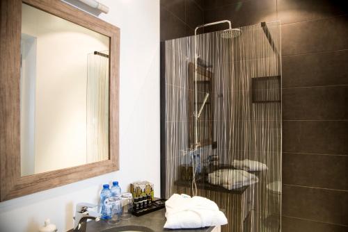 a bathroom with a shower and a sink and a mirror at B&B Chambres d'O in Ostend