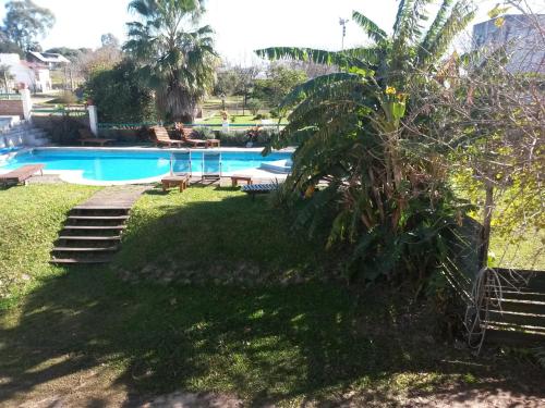 a swimming pool in a yard with a palm tree at Hostería Restaurante del Puerto in Colón