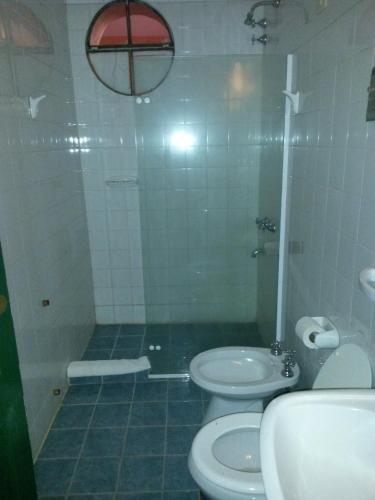 a bathroom with a shower and a toilet and a sink at Hostería Restaurante del Puerto in Colón