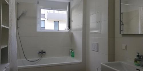 a bathroom with a shower and a sink and a window at Exquisit Apartment Simmering in Vienna