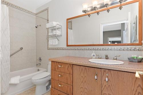 a bathroom with a sink and a toilet and a mirror at Baptiste Lake Lodge in Harcourt