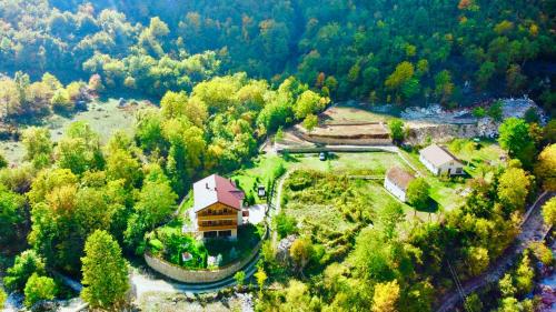 an aerial view of a house in a forest at Vila Alexander B&B in Valbonë