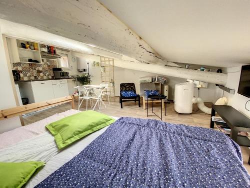 une chambre avec un grand lit et une cuisine dans l'établissement St Louis Studio mansardé atypique climatisé, à Sète