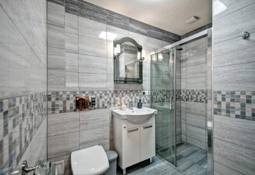 a bathroom with a toilet and a sink and a shower at Domek drewniany luxury cottage Dabrowa in Zakopane