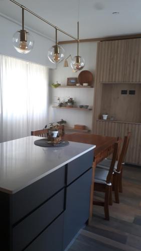uma cozinha com um balcão e uma mesa com cadeiras em Lugar confortable y tranquilo em Carmen de Patagones