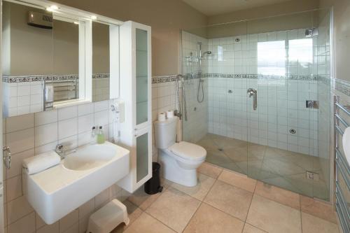 a bathroom with a sink and a toilet and a shower at Takapō Retreat - Lake Tekapo in Lake Tekapo