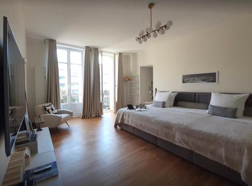 - une grande chambre avec un grand lit et une télévision dans l'établissement Sublime appartement centre, parc et parking, à Biarritz