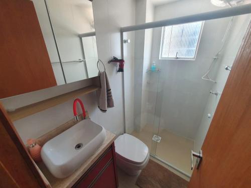 a bathroom with a sink and a toilet and a shower at APTO BEIRA MAR BALNEARIO CAMBORIU in Balneário Camboriú