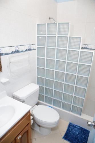 uma casa de banho com um WC e uma parede de vidro em Breezee em Long Path