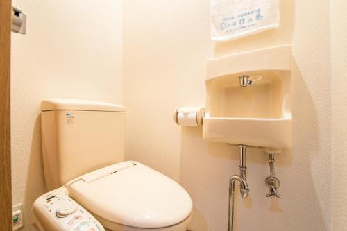 a small bathroom with a toilet and a sink at Yanagi No Yu in Aomori