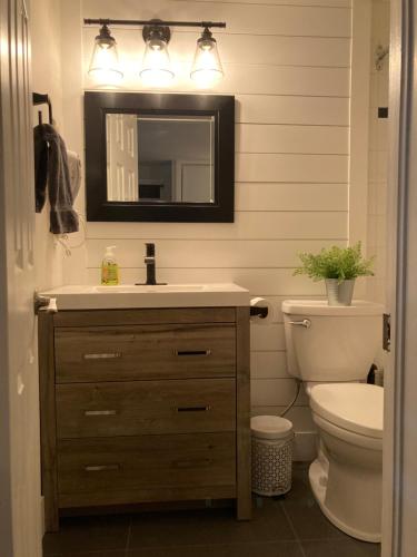 a bathroom with a sink and a toilet and a mirror at Blue Mountain Creekside Studio at North Creek Resort in Blue Mountains