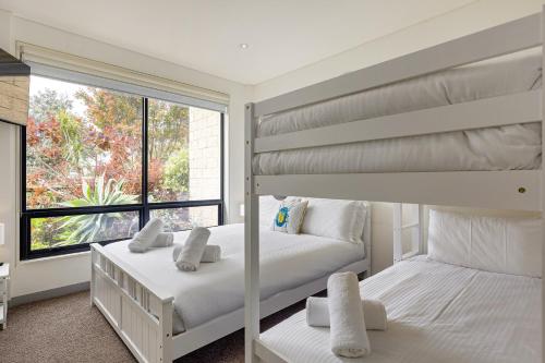拉伊的住宿－Seaside Luxury Accommodation in the Heart of Rye，一间卧室设有两张双层床和一扇窗户。