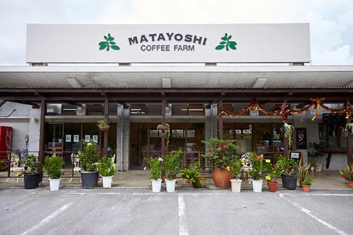 a coffee shop with potted plants in a parking lot at Kaze -SEVEN Hotels and Resorts- in Higashi