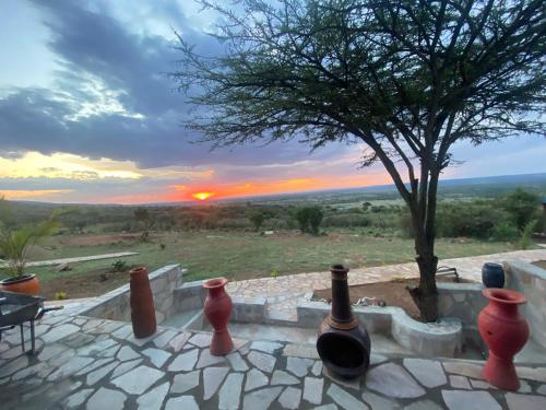 a group of wine bottles sitting on a patio with a tree at Oldarpoi Wageni Camps in Keekorok