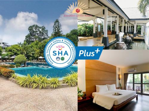 a collage of photos with a hotel and a resort logo at Sunshine Garden Resort in North Pattaya