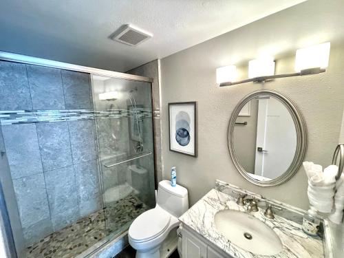 La salle de bains est pourvue d'une douche, de toilettes et d'un lavabo. dans l'établissement Lovely Del Mar retreat private entrance 1 bd 1ba, à San Diego