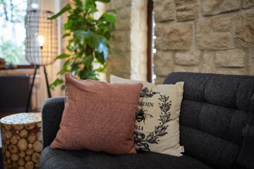 a couch with two pillows on it in a living room at Tercia Hubertus Panzió in Sopron
