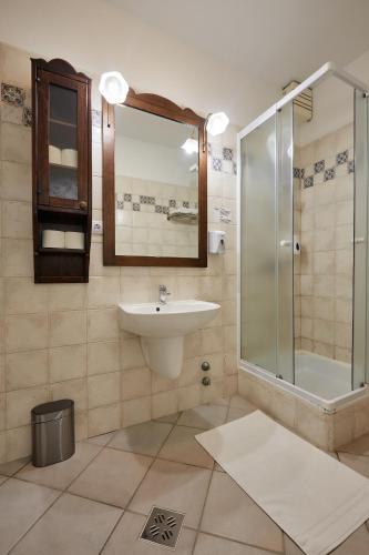 a bathroom with a sink and a shower at Tercia Hubertus Panzió in Sopron