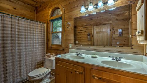 a bathroom with a sink and a toilet and a mirror at Plane View in Morganton