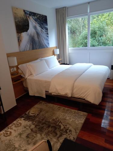 a bedroom with a large bed and a window at Suite Bilbao Arena con plaza de garaje in Bilbao
