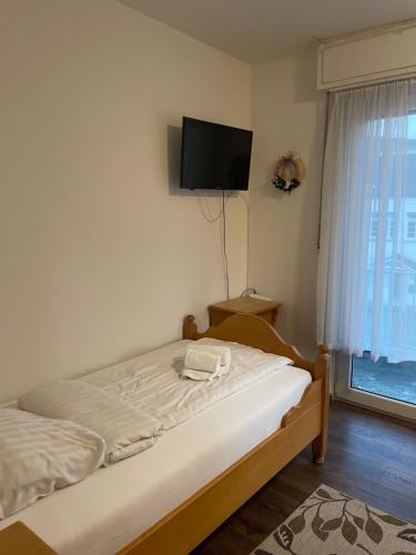 a bedroom with a bed with a flat screen tv on the wall at Lippborger-Hof in Lippetal