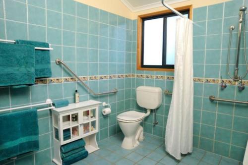 een blauw betegelde badkamer met een toilet en een raam bij Clouds Chalet in Beechmont