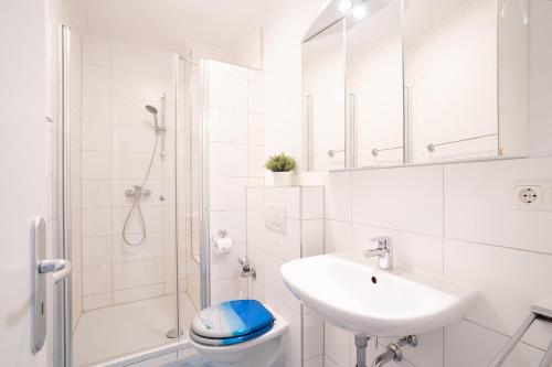 y baño con lavabo, aseo y ducha. en Apartmentanlage Wennseestraße Am Wäldchen, en Scharbeutz