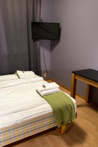 a bedroom with a bed and a desk and a television at Nätra Motell in Bjästa