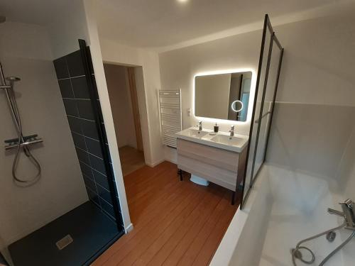 a bathroom with a sink and a mirror at Un je ne sais quoi de Paradis in Les Vans