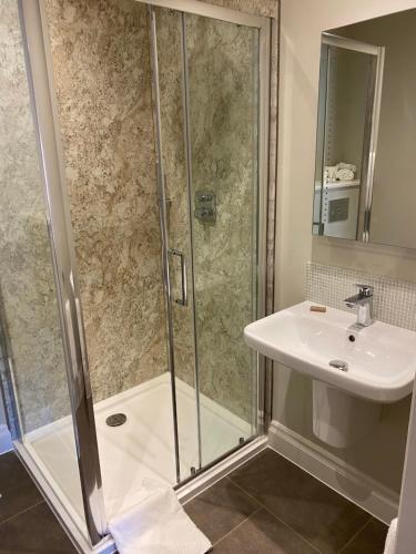 a bathroom with a shower and a sink at Reymerston Hall in Norwich