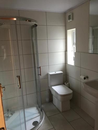 La salle de bains est pourvue d'une douche, de toilettes et d'un lavabo. dans l'établissement Spacious 5 double bed bedroom bungalow near Belfast, à Lisburn