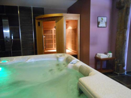uma banheira de hidromassagem num quarto de hotel em Les Grands Prés em Geney