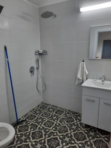 a bathroom with a shower and a toilet and a sink at בזלת וגיר in Avnei Eitan