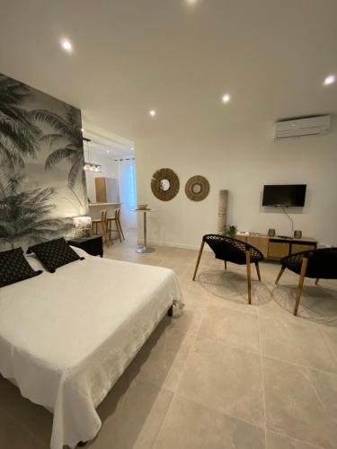 a bedroom with a bed and a table and a tv at Anne de la Maison Blanche in Avignon