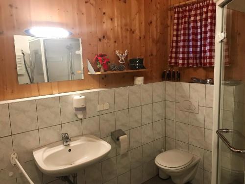 a bathroom with a sink and a toilet and a mirror at Feriendorf Tauerngast in Hohentauern