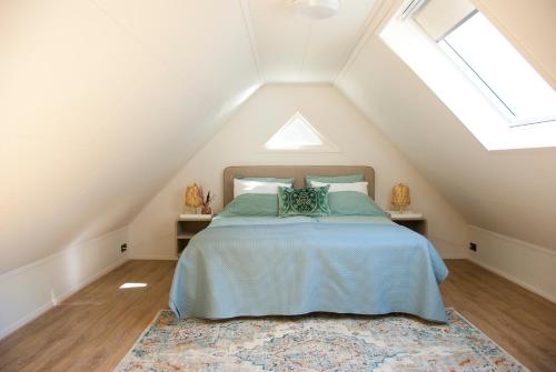 a attic bedroom with a bed and skylights at B&B Hof ter Lemferdinge in Paterswolde