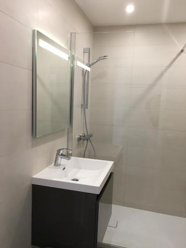 une salle de bain blanche avec un lavabo et une douche dans l'établissement Chic Appart du Port Fréjus, à Fréjus