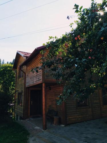 a small wooden house with a tree in front of it at Sadyba Vyshenka in Tatariv