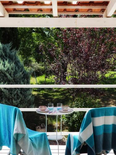 a table with two glasses on it in front of a window at Le Jardin des Selves in Draguignan