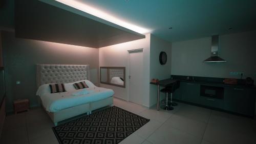 um quarto com uma cama e uma secretária. em Love night Marseille jacuzzi em Le Rove