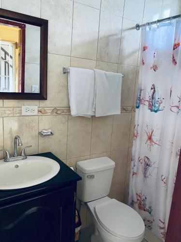 a bathroom with a toilet and a sink and a shower curtain at Hotel Caribbean View in Bastimentos