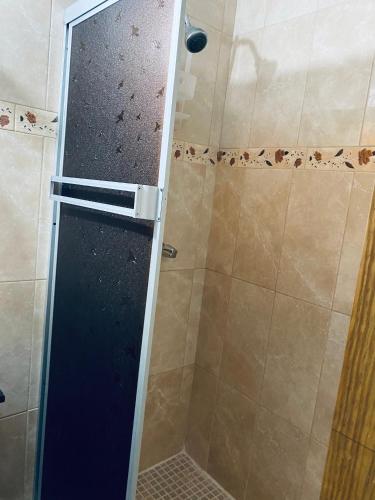 a shower with a glass door in a bathroom at Hotel Caribbean View in Bastimentos